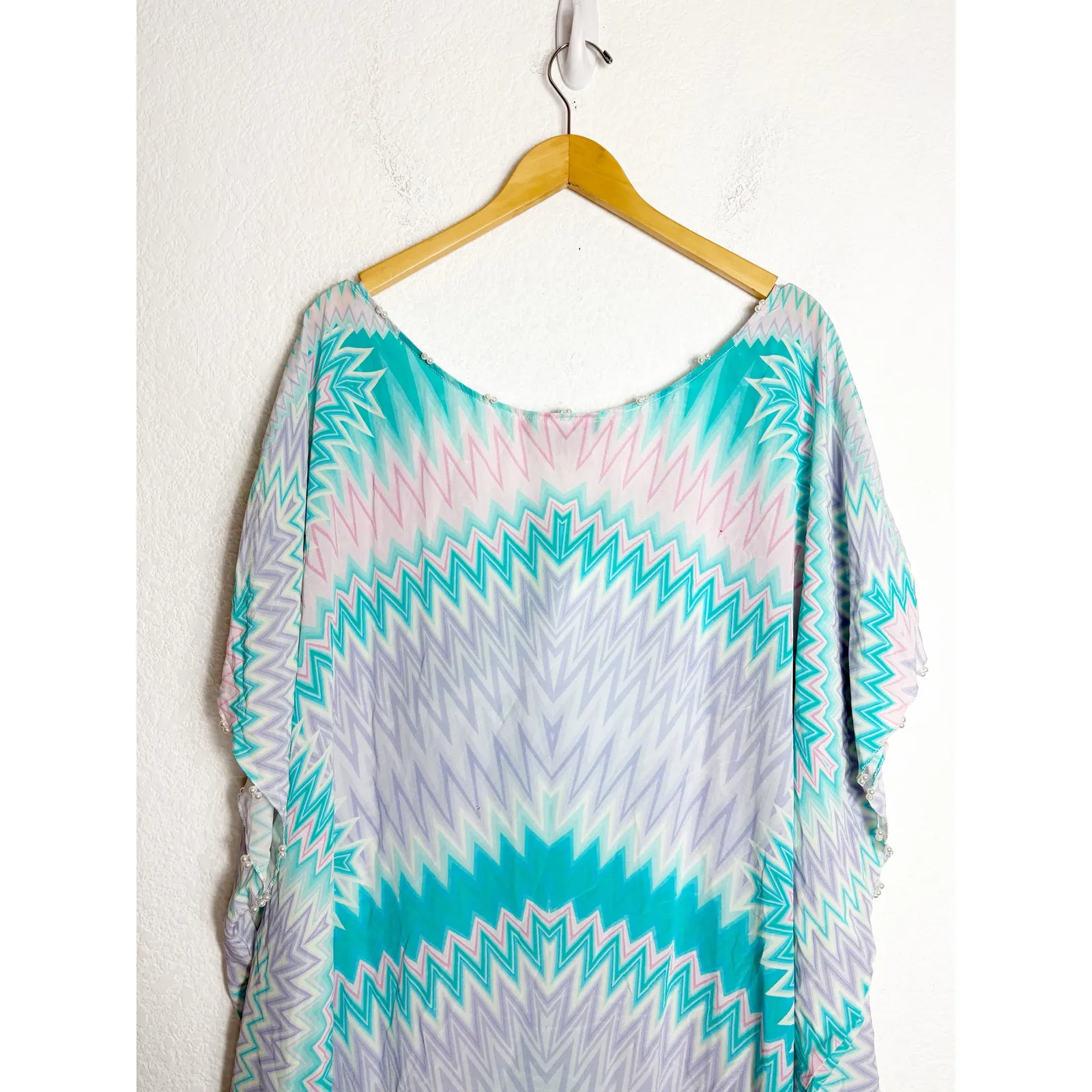 Hemant & Nandita Caftan Small 100% Silk Beach Coverup Blue Chevron Boho Beaded - Image 13