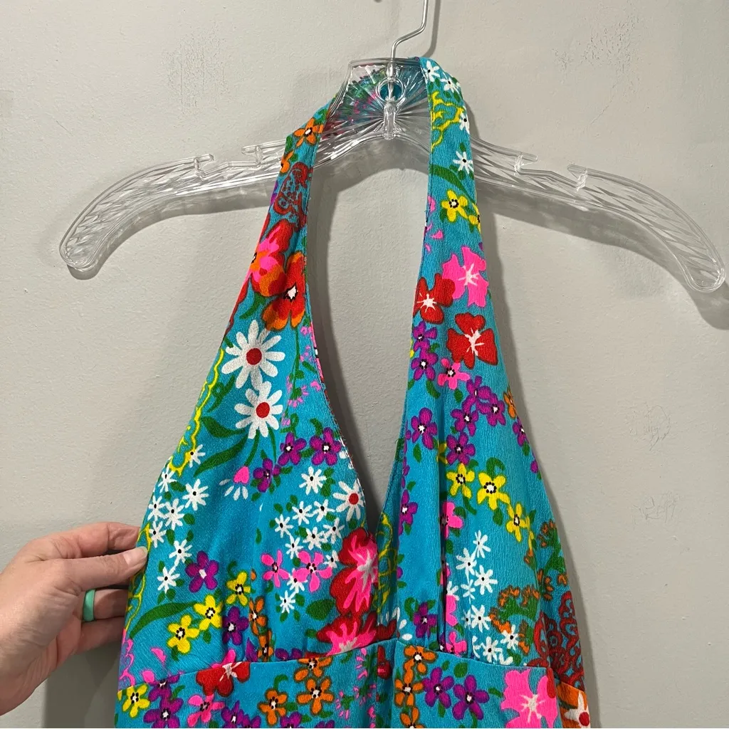 Vintage 70s Floral Halter Maxi Dress Size XXS Psychedelic Flower Power Funky Blue - Image 4