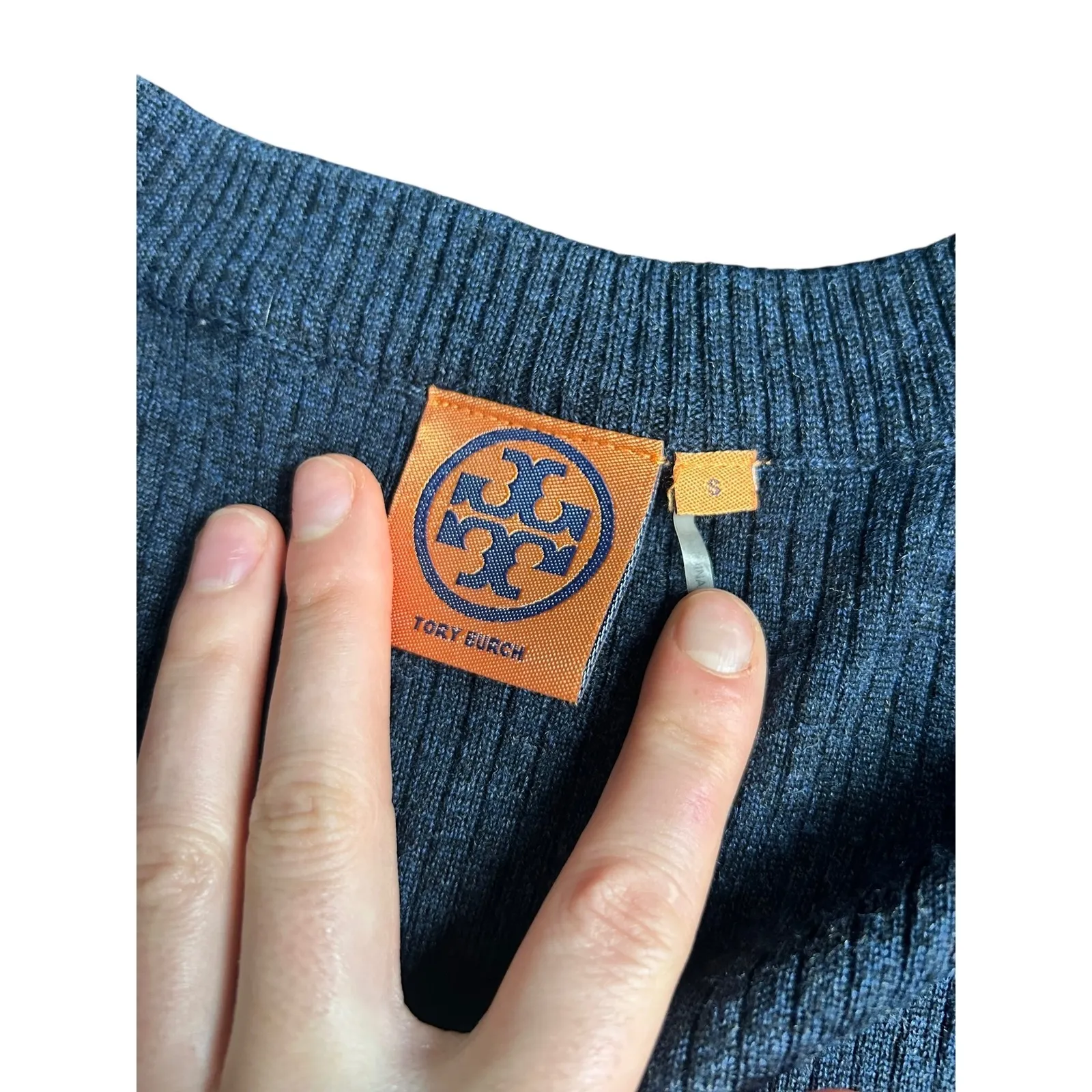 Tory Burch Ribbed Merino Wool Long Sleeve Sweater Crew Neck Navy Blue Size S - Image 2