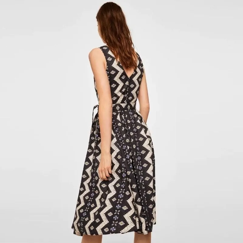 Mango Multicolor Black Aztec Print Sleeveless V-neck Fit & Flare Wrap Dress Sz 6 - Image 2