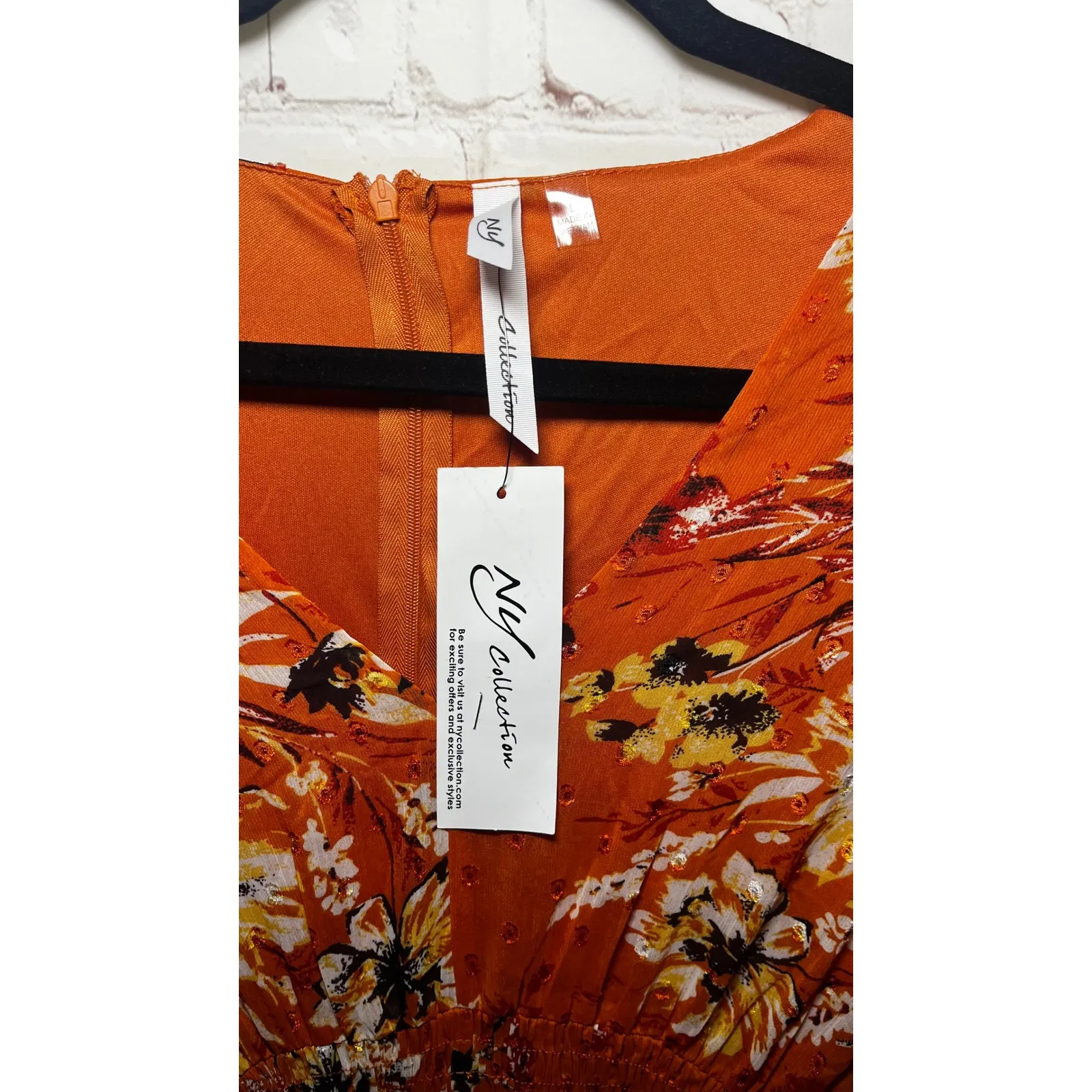 NY Collection Orange Floral Print Midi Chiffon Dress Smocked Waist Long Sleeve L - Image 3