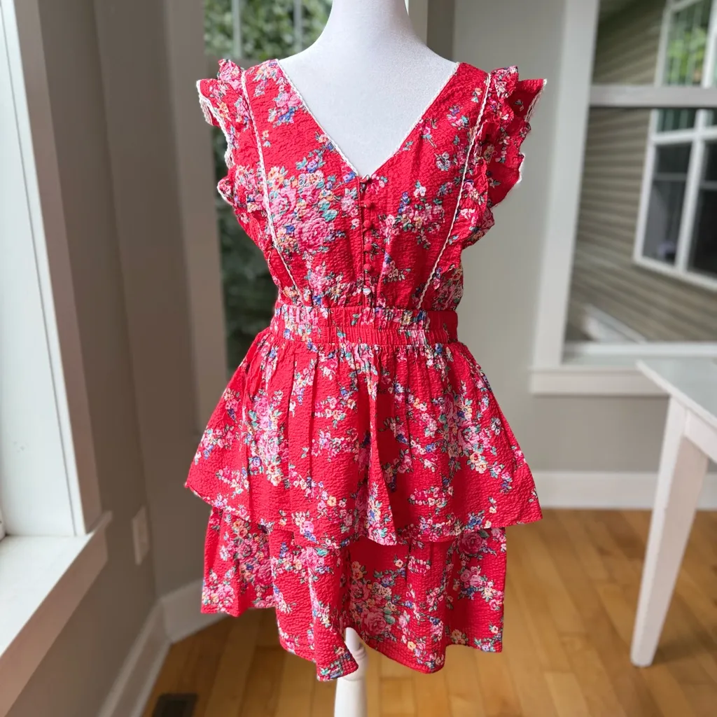 Betsey Johnson Red Floral Seersucker Cotton Bush Garden Flounce Tier Mini Dress - Image 16