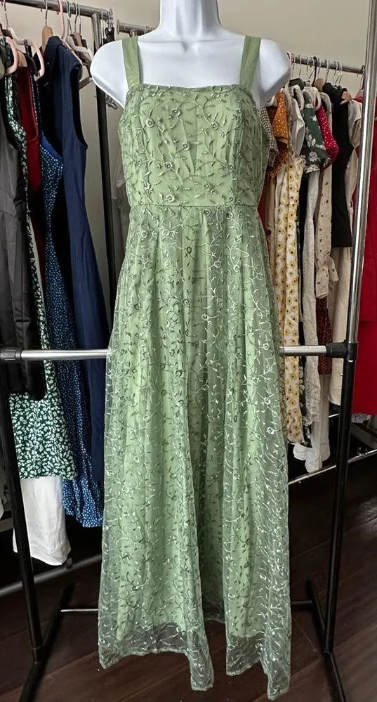 Rihoas Women's Green Embroidery Mesh Slip Maxi Dress Size M - Image 6
