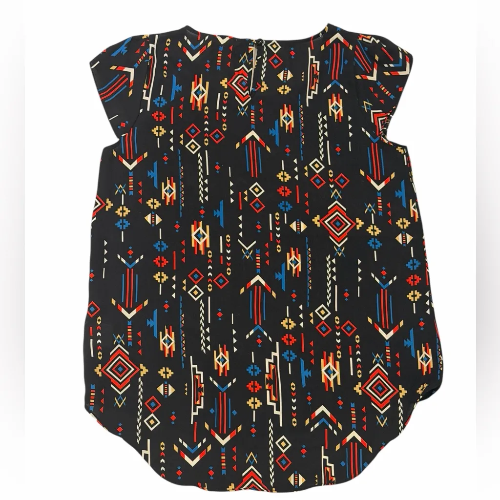 Pink Rose Black Southwestern Geometric Print Cap Sleeve Blouse Size M - Image 2
