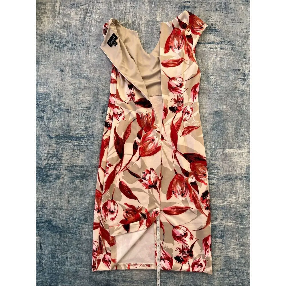 Connected Apparel Off White Taupe Red Floral Sleeveless Dress Size 4 - Image 2