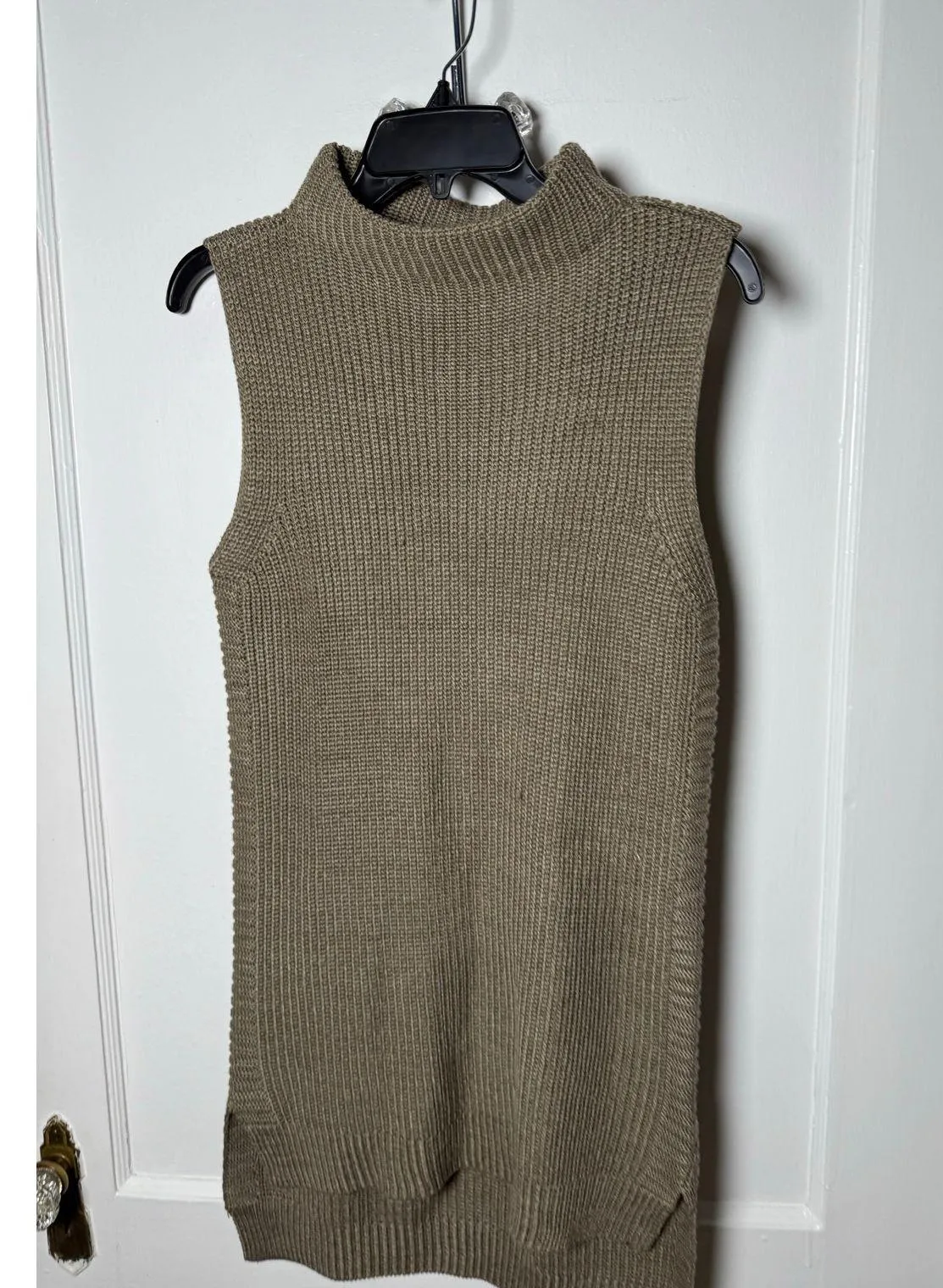 Tribal Chunky Knit Mock Neck Sleeveless Tank Tan Long Tunic Sweater Small Chic - Image 2