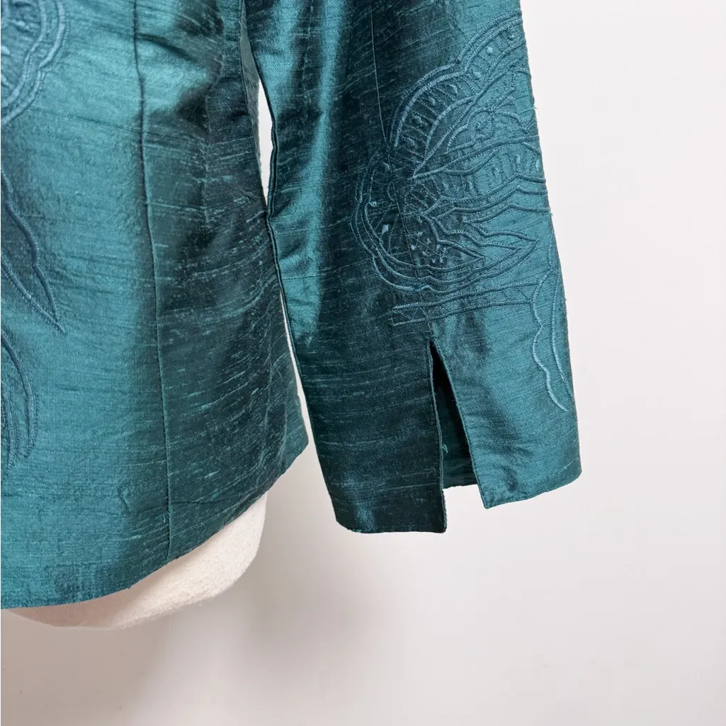 Anu Teal Dupioni Silk Embroidered 3/4 Turn Up Cuff Sleeve Open Jacket Large Blue - Image 6