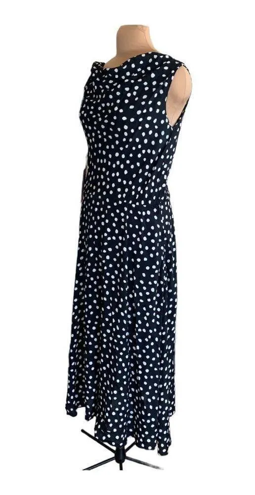 Vintage 1990s Maxi Dress Sleeveless Black White Polka Dot Print Cowl Neck Flowy Size 12 - Image 2
