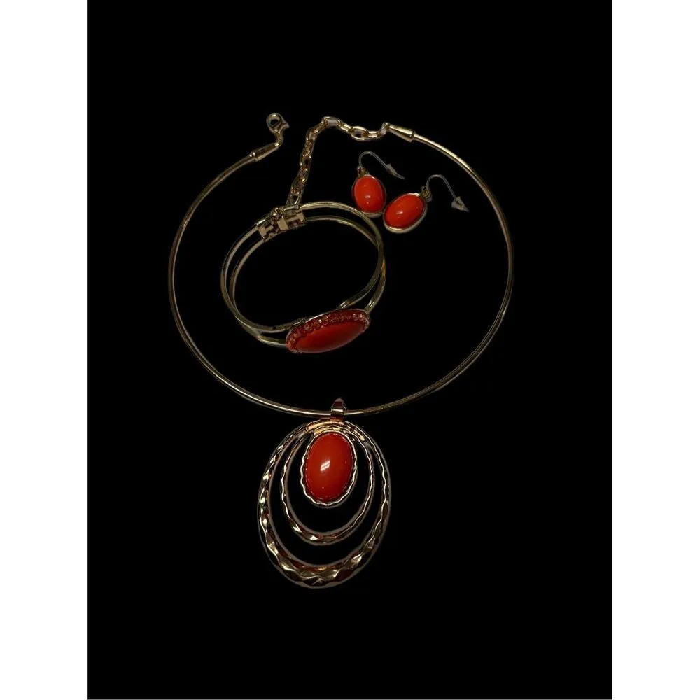 Cato gold and salmon hoop necklace, earrings and bracelet set - Image 4