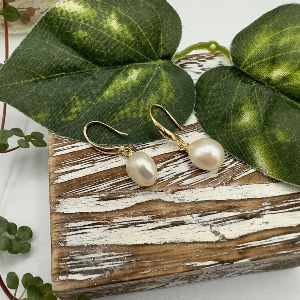 Baroque Pearl Gold Drop Earrings 18K Plated White - Image 2