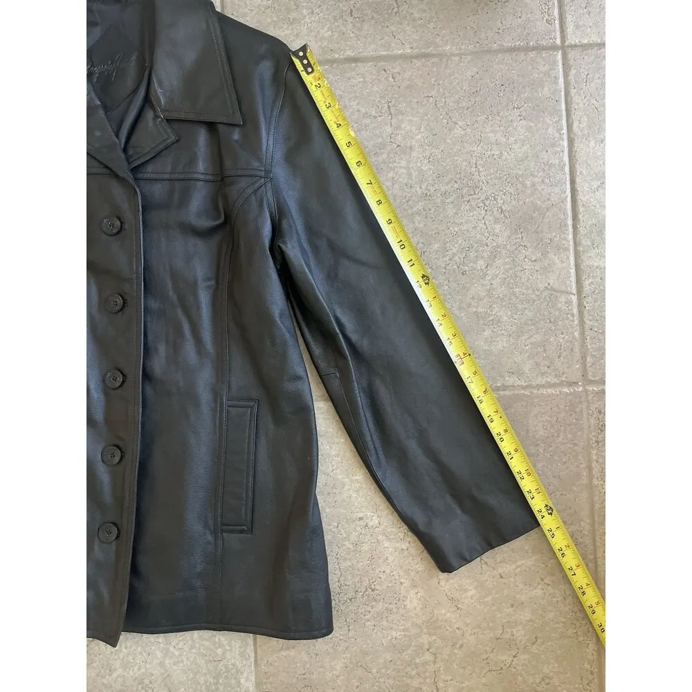 Jacqueline Ferrari Solid Black Leather Jacket Size Large Classic Button Money - Image 4