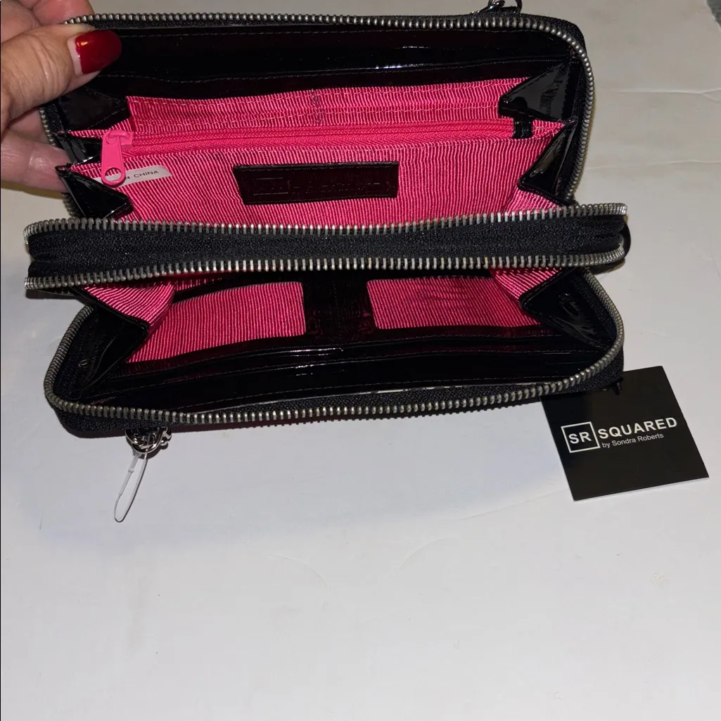 SR SQUARED BRAND NYLON WALLET ROSE DESIGN DOUBLE ZIP CLOSURE REMOVABLE STRAP Pink - Image 12