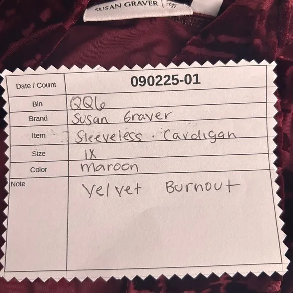 Susan‎ Graver Cardigan 1X Maroon Velvet Burnout - Image 15