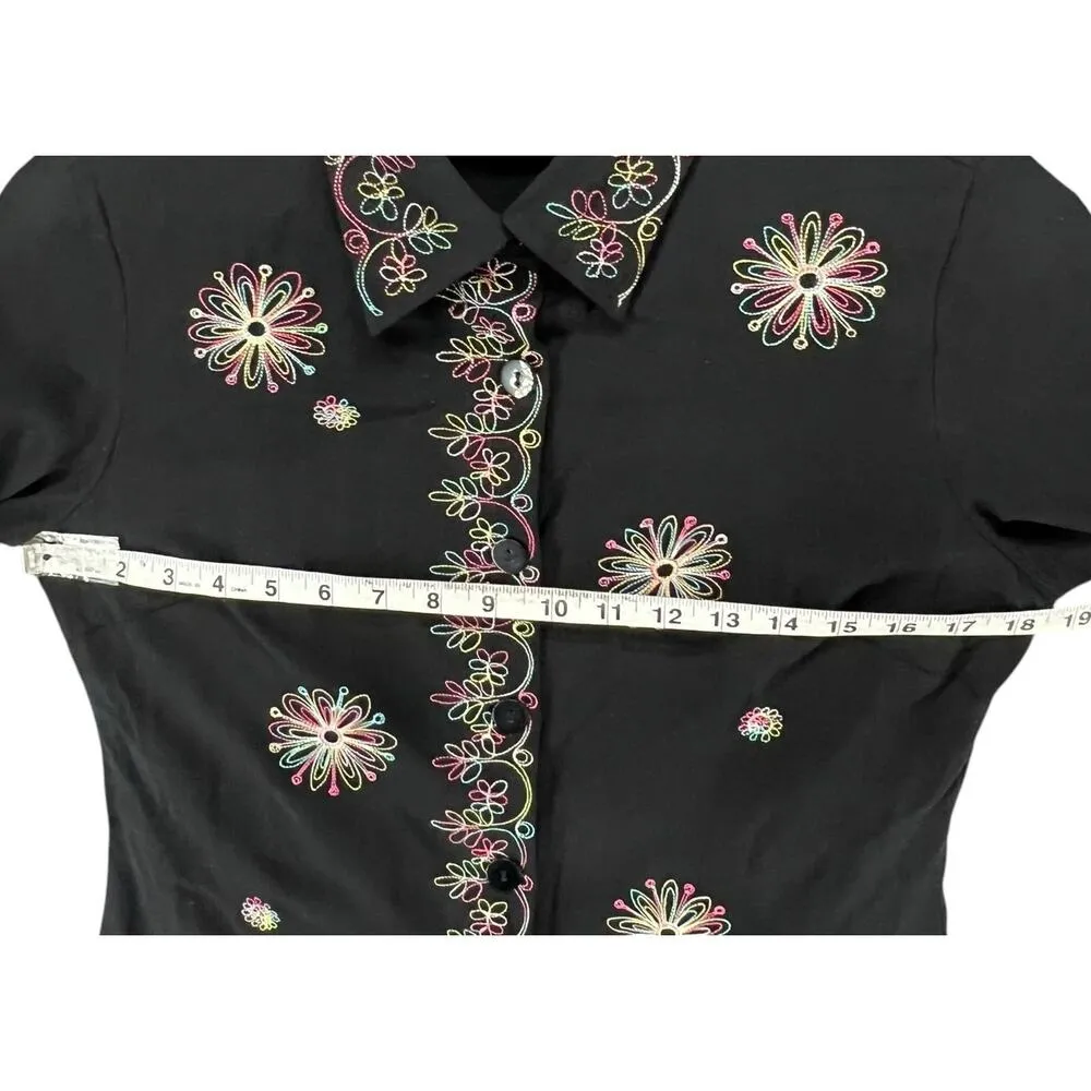 Silkland Y2K Shirt Women S Petite Black Silk Embroider Floral Button Up Boho Art Size undefined - Image 5