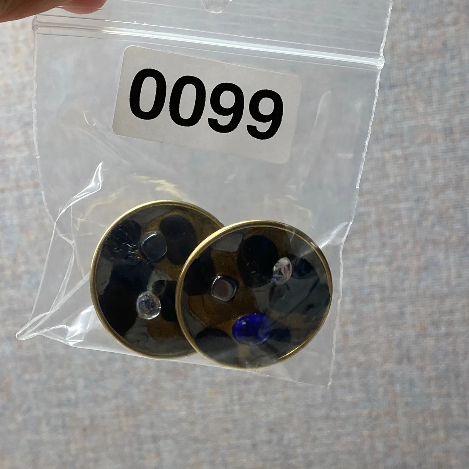 Artistic Art Deco Round Clip On Earrings Vintage Blue & Black Gold Enamel - Image 7