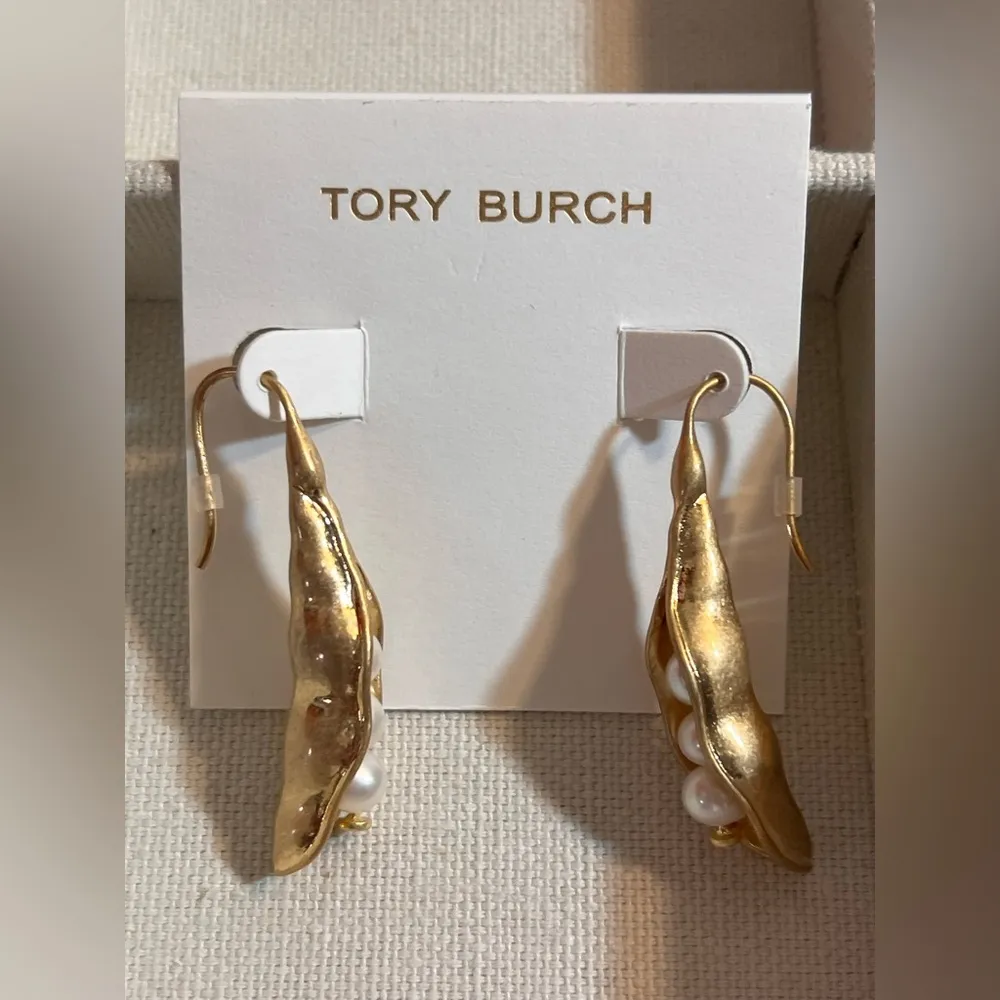 Tory Burch Gold Sculptural Drop Earrings -Three Peas in a Pod, unique, giftable - Image 2