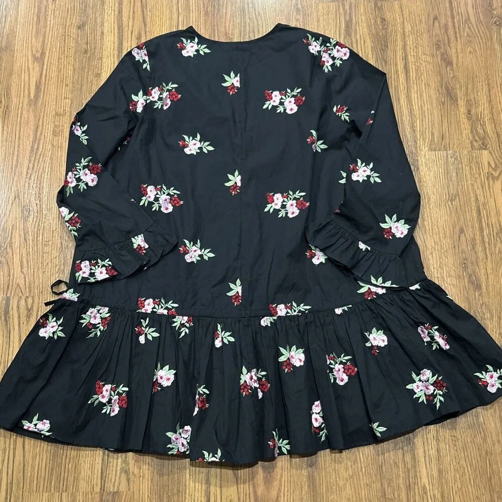 Asos Dress Womens 14 Black Floral Embroidered Mini Tunic Pink Red Tiered - Image 10