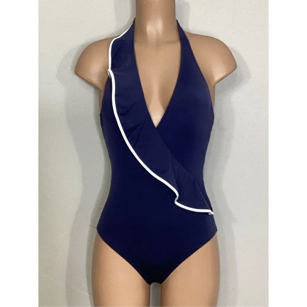 New. Carmen Marc Valvo plunge navy ruffle swimsuit. Normally $139 size 10 - Image 6