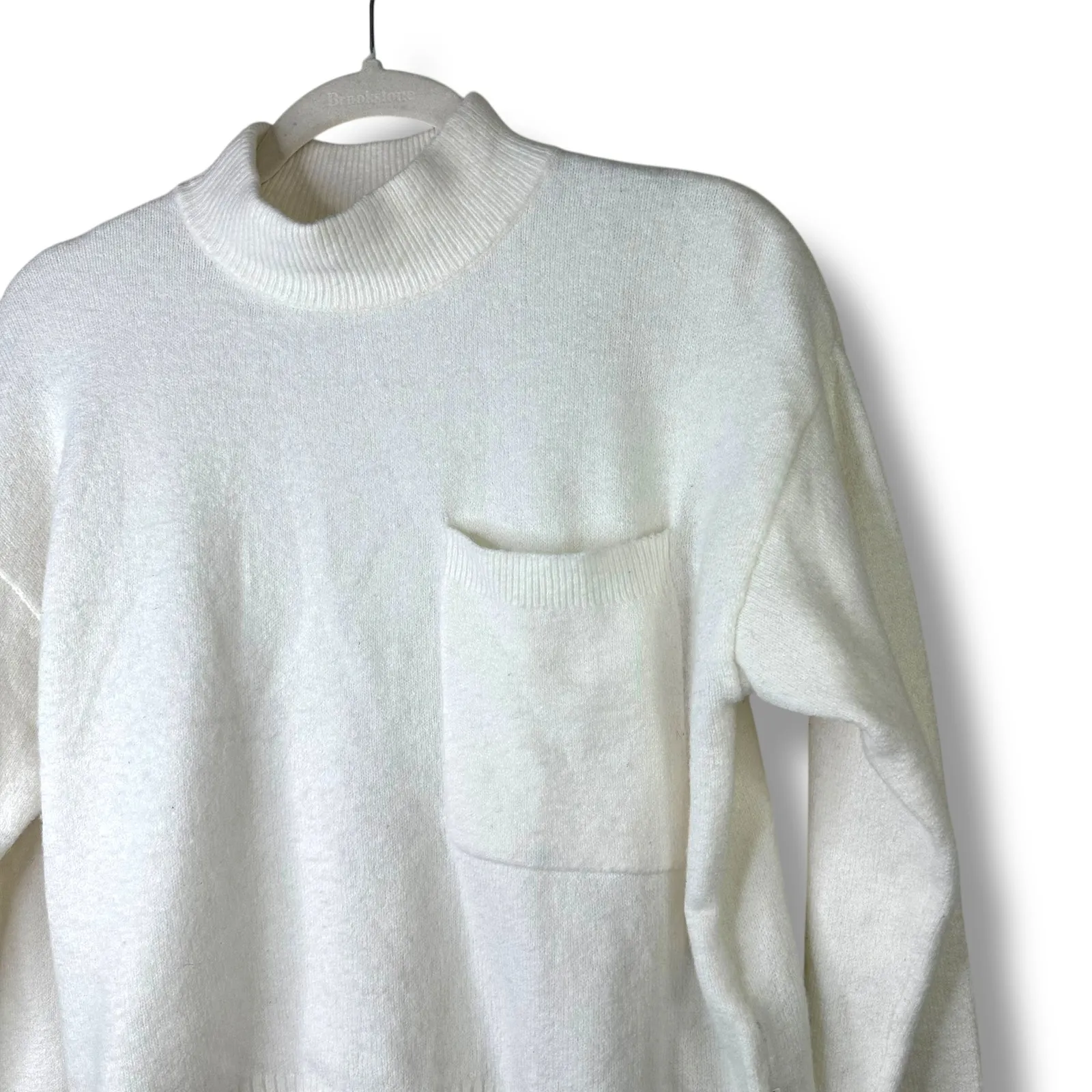 Calvin Klein Jeans Cream Ribbed Oversized Mock Neck Wide Sleeves Sweater Small - Image 5