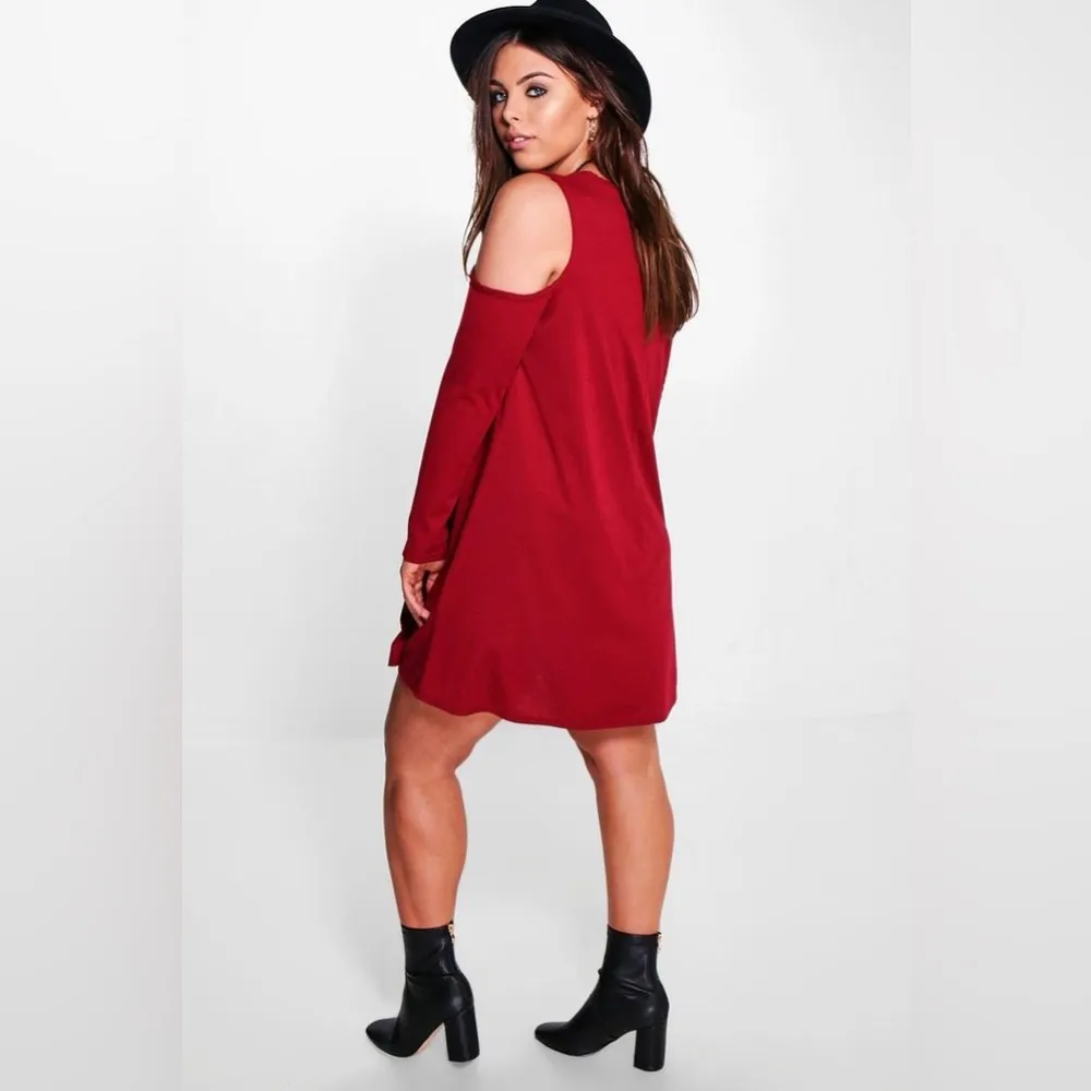 Boo Hoo Plus RIBBED OPEN SHOULDER SWING DRESS Black Size 16 - Image 2