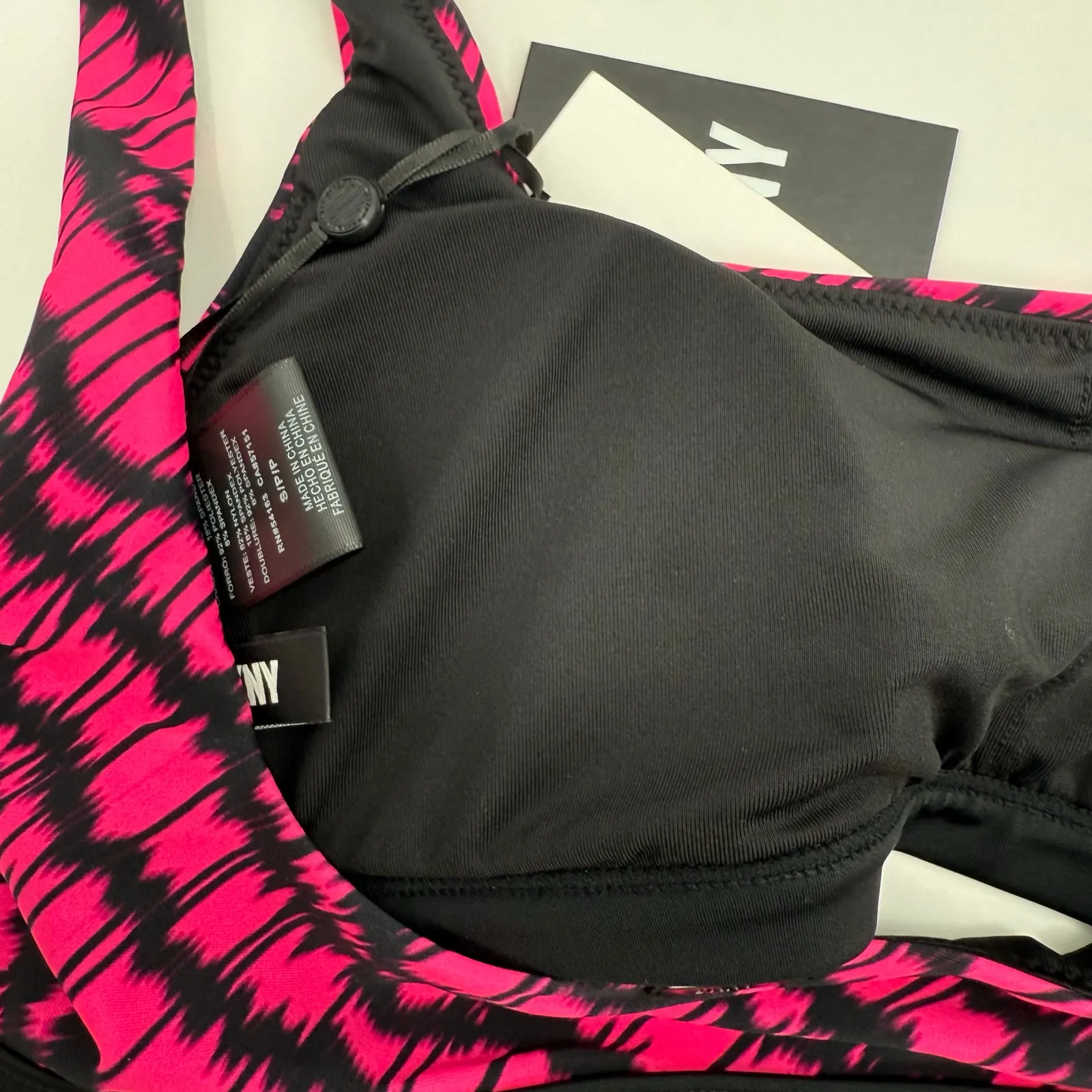 DKNY Bikini Top Size Small NWT Printed Square Neck Hot Pink Black Swim Sporty - Image 12