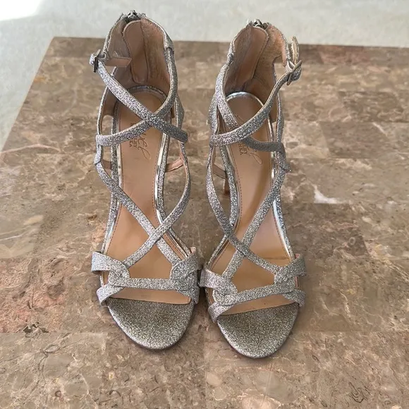 Badgley Miscka Jewel Silver Strappy Stiletto heels. Sparkly, Glitter, Formal 7 - Image 2