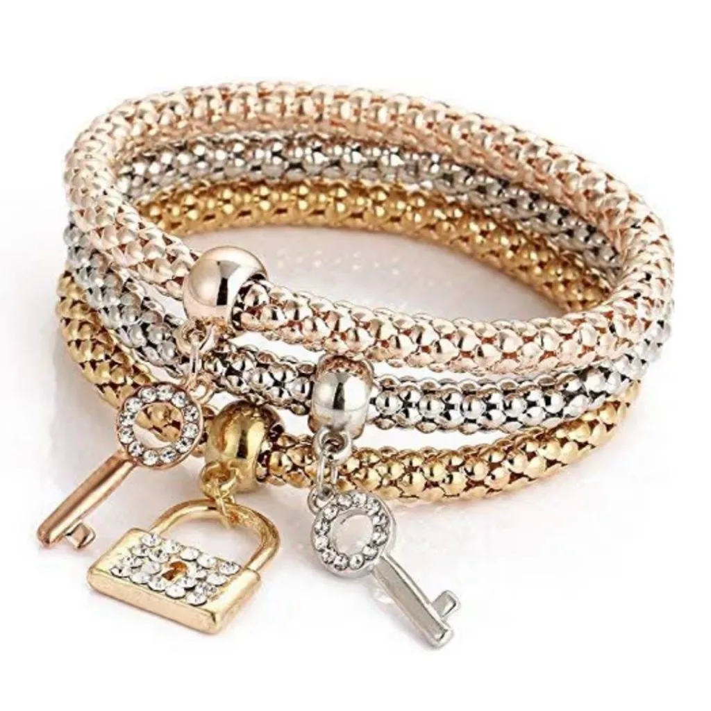 Stackable Lock & Key Charm Bracelet Set (3 Piece) - Image 2