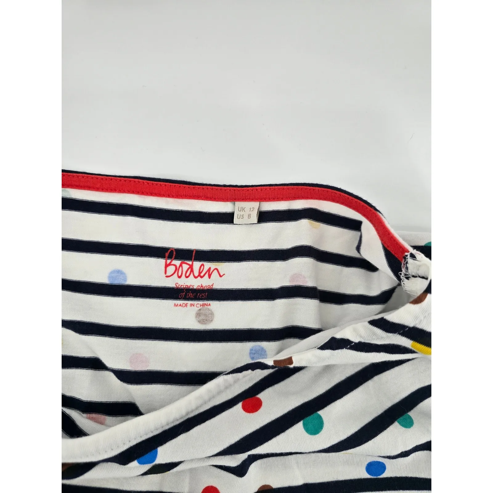 Boden Striped Long Sleeve Shirt Rainbow Polka Dot Cotton Boat Neck Women US 8 White - Image 6