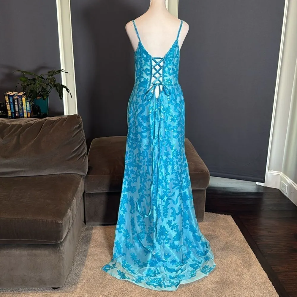Women’s Blue Mermaid Fit Prom Party Formal Dress Sparkly Sequins Leg Slit Size 6 - Image 4