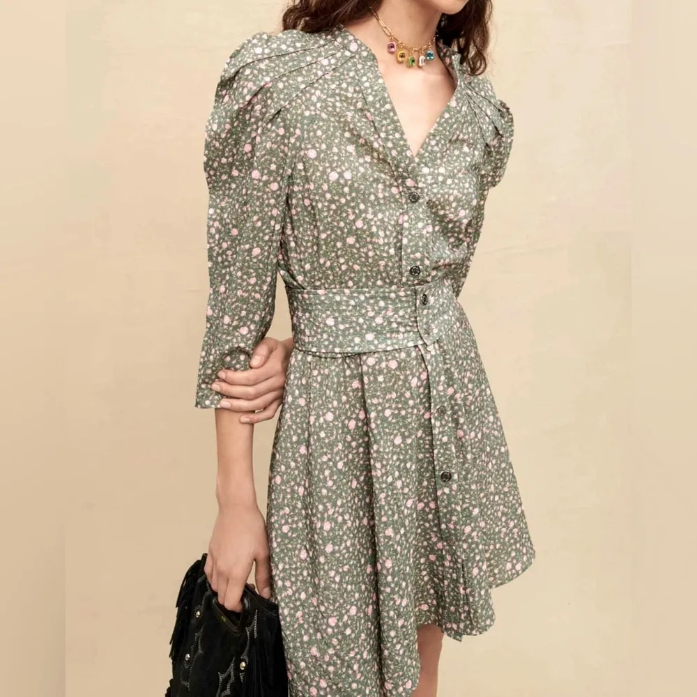 MAJE rakita puff sleeve woven pleated mini dress belted floral sage cottagecore - Image 4