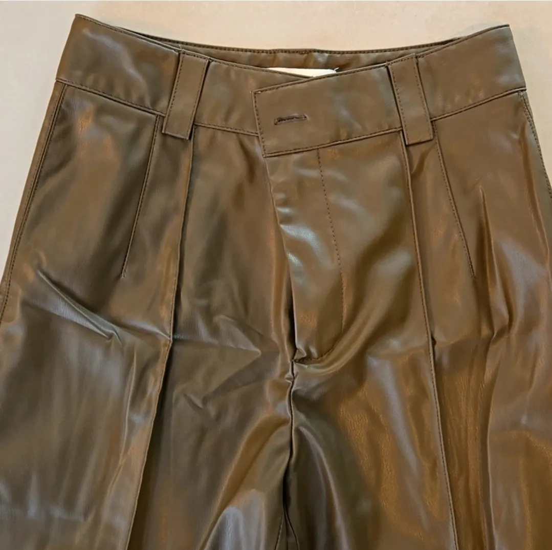 ZARA  High Waist Straight Leg Brown Faux Leather Pants - Image 5
