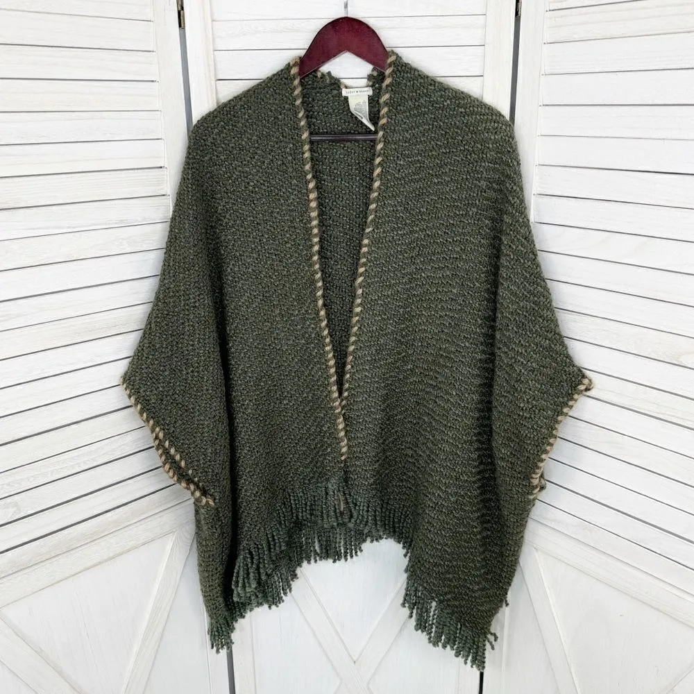Lucky Brand Boho‎ Fringe Hem Kimono Sweater Chunky Poncho Cardigan Olive Green - Image 8