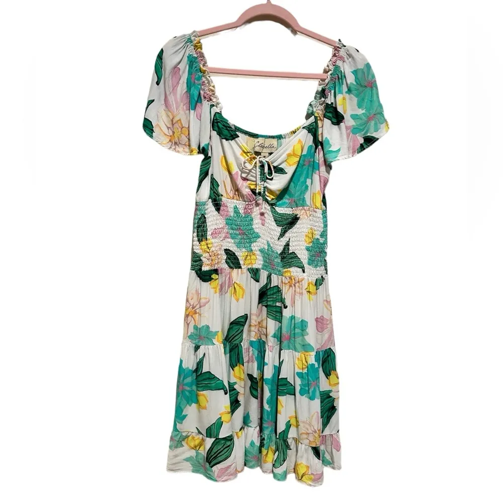 CLEOBELLA ANTHRO SHORT FLUTTER FLOUNCE SLEEVE SMOCKED WAIST Green print DRESS M - Image 2