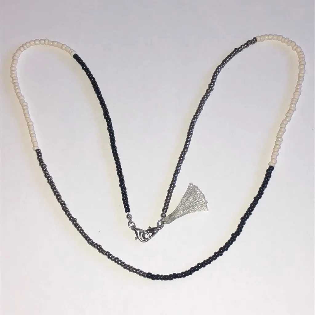 Elegant Black and Cream Beaded Boho Tassel Fringe Necklace - Image 2