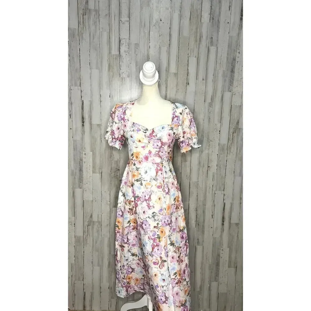 SHEIN Women's Small Floral Puff‎ Sleeve A-Line Multicolor Spring Midi Dress - Image 8