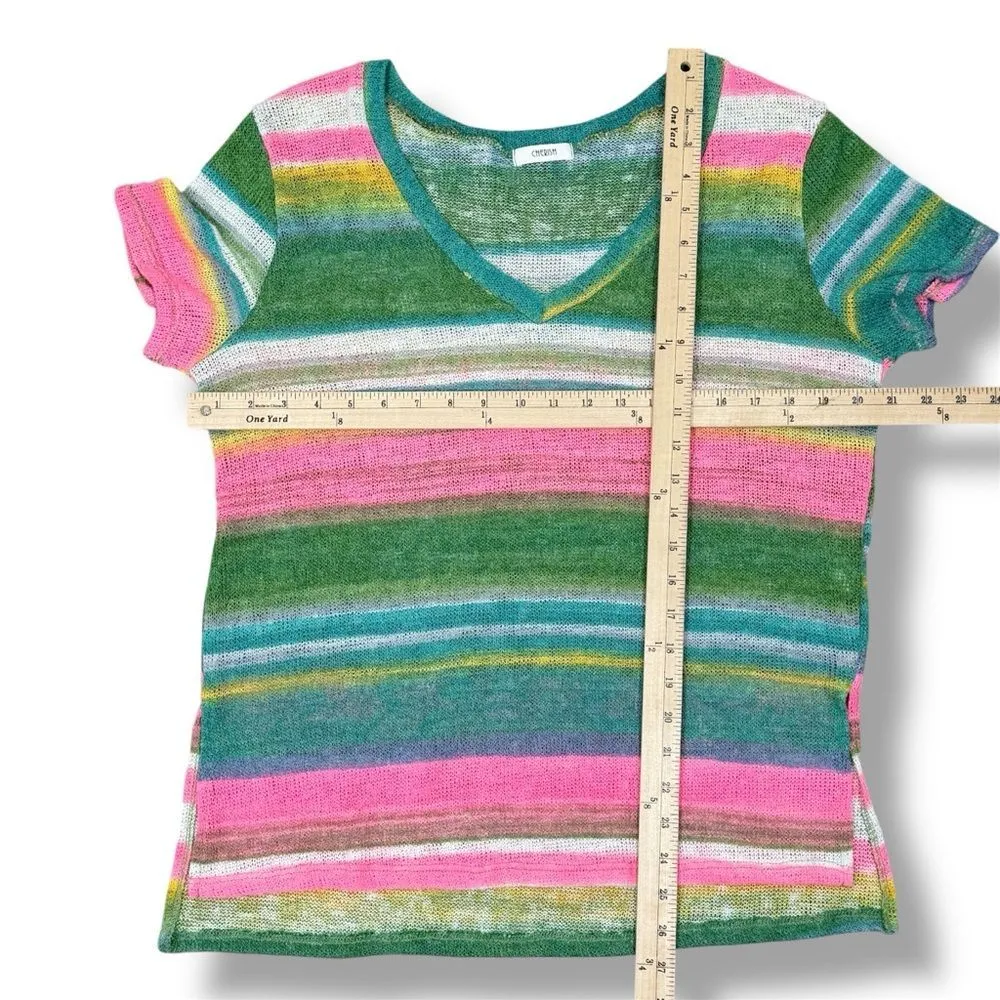 Cherish Striped‎ Mesh Knit V Neck Short Sleeve Tee Shirt Green Pink Small - Image 10
