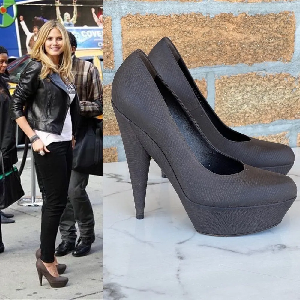 Saint Laurent Brown Ysl Aliama Lizard Embossed Suede Heels Pumps Size 39… Brown - Image 13