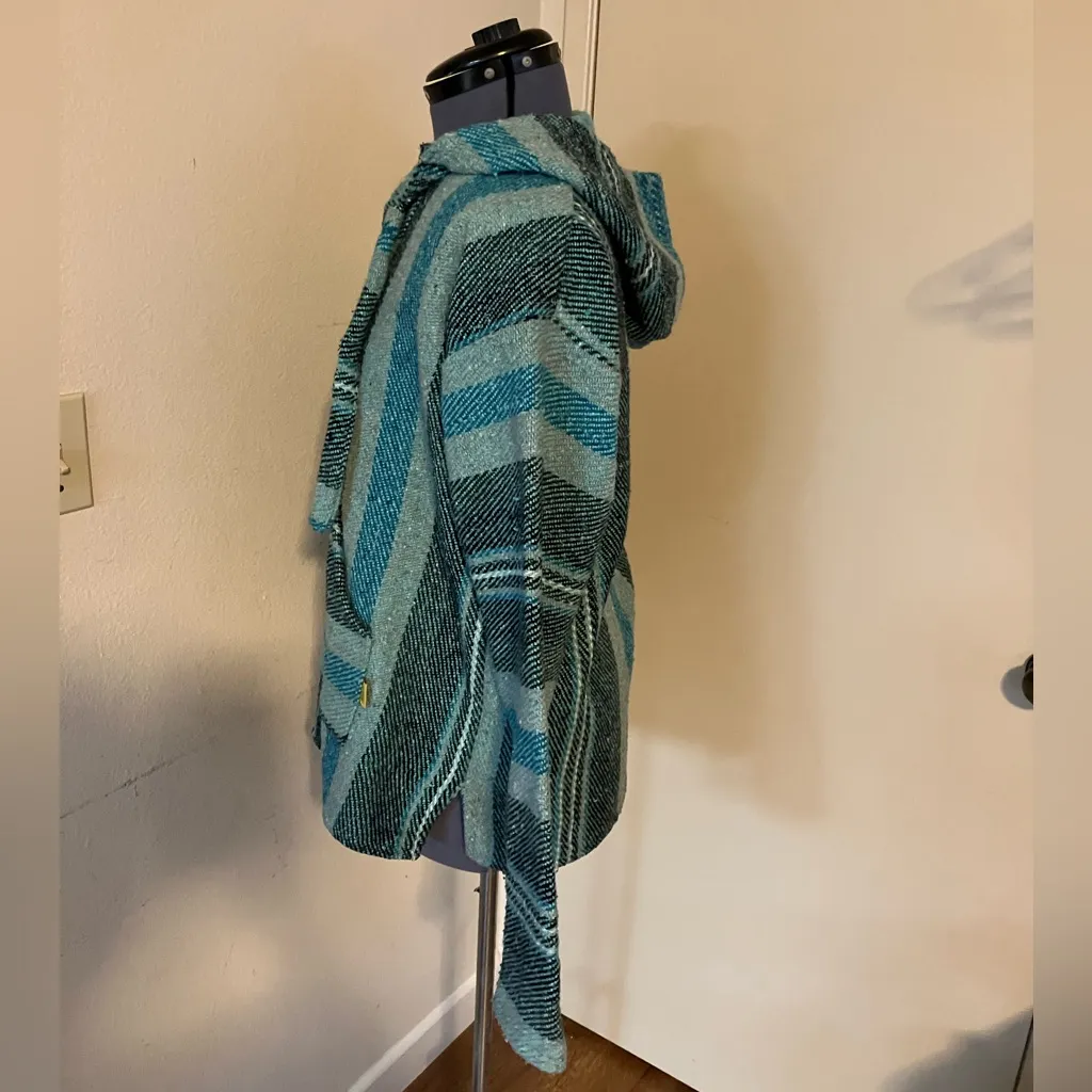 Molina Baja Hoodie Pullover Black Teal Stripe Poncho Blanket Green Size M - Image 2