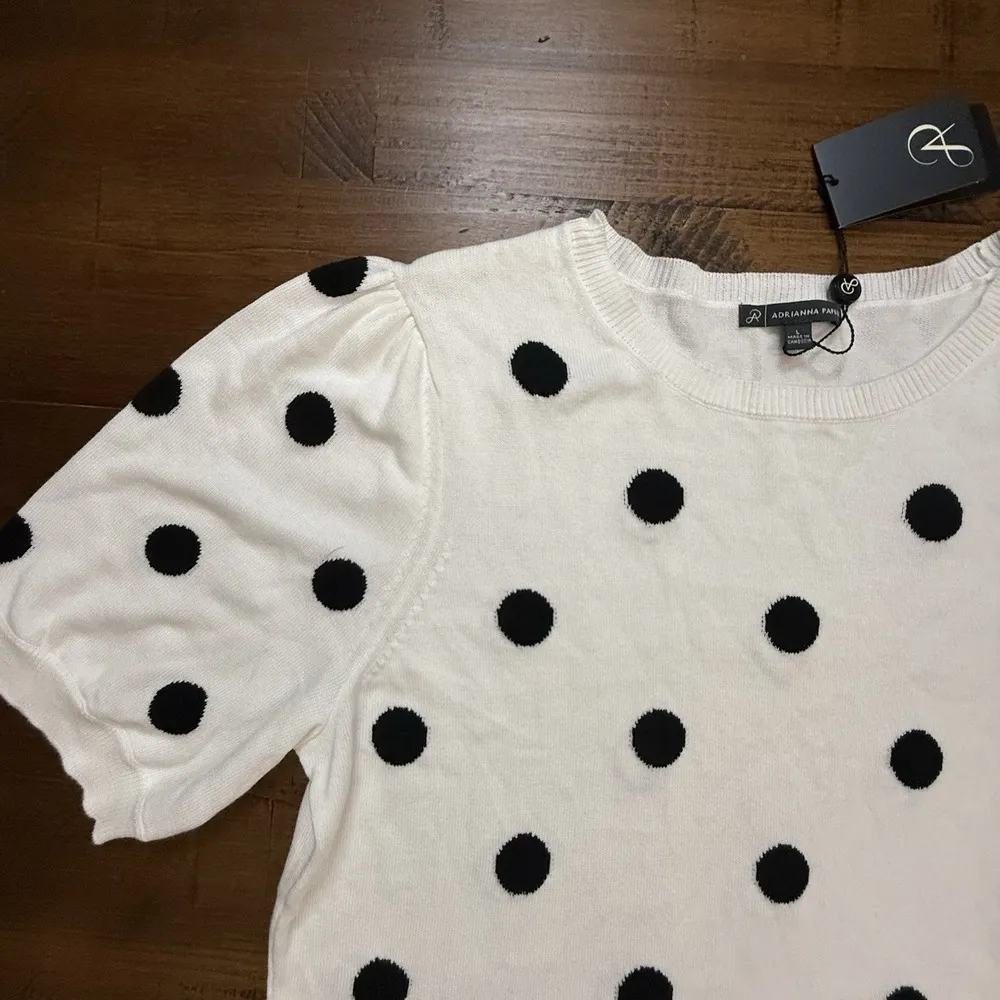 ADRIANNA PAPELL Short Sleeved Polka Dot Intarsia SWEATER Size Large L - Image 2