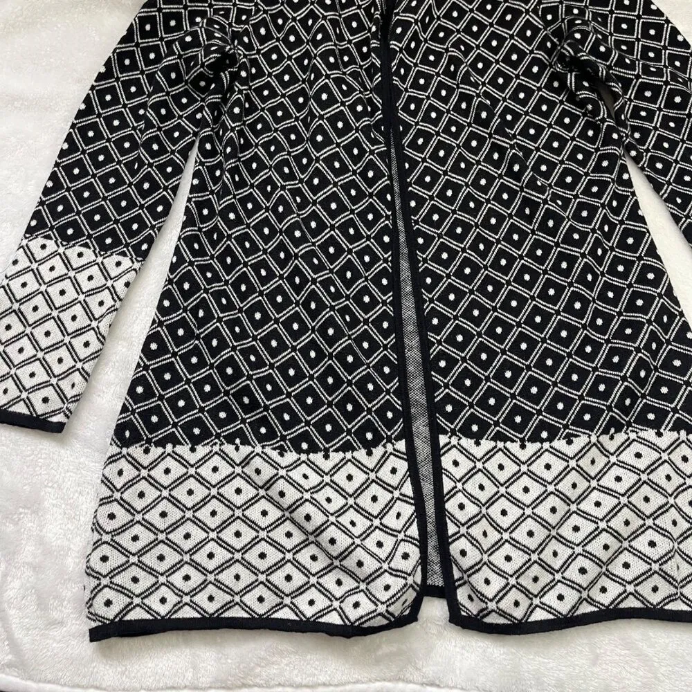 Chico's Easywear Open Front Cardigan Size 2 (US 12) 100% Cotton Knit Black White - Image 9