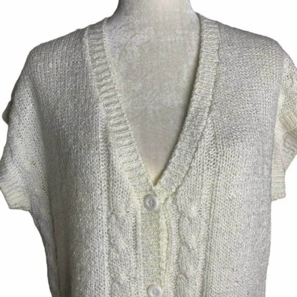 Vintage Short Sleeve Knit Cardigan Sweater L White Buttons Short Sleeves Pockets - Image 2