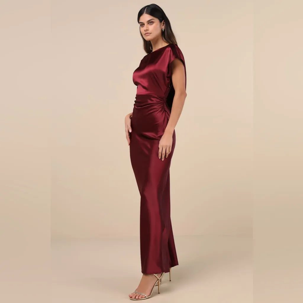 Lulus Captivating Presence Wine Red Satin Cowl Back Maxi Dress - Image 4