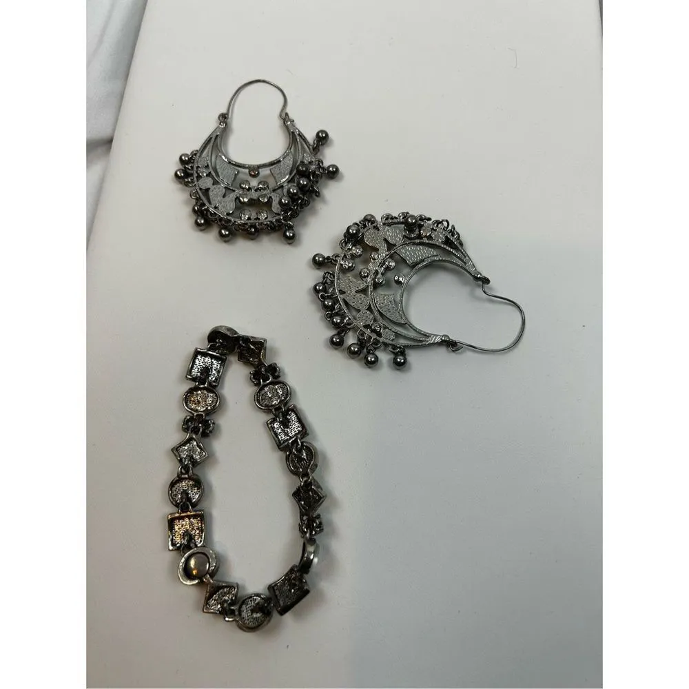 Silver bohemian tone Hoop Earrings w/ Olive Green & Black Enamel 2 3/4" and silv - Image 6