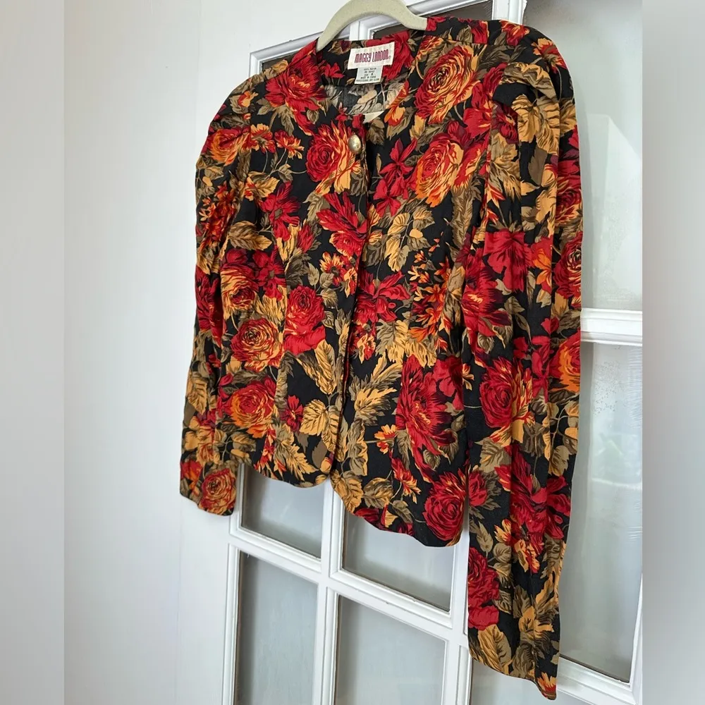 Vintage Maggy London Red & Gold Floral Lightweight Blazer Tailored Fit Size 6 S - Image 4