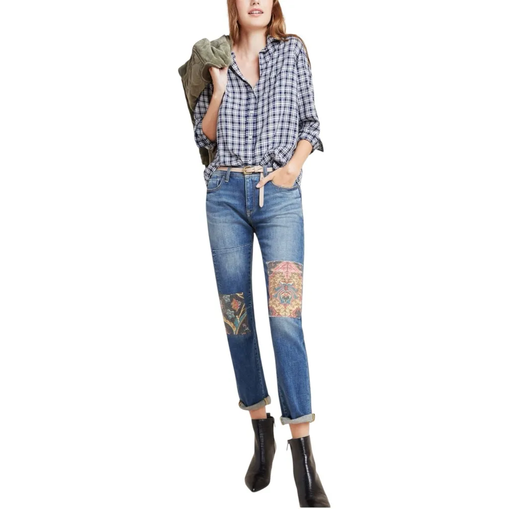 Anthropologie Pilcro Tapestry Patchwork Boyfriend Jeans 27 Boho Chic - Image 2