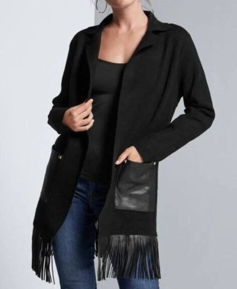 Venus Fringe Detail Duster Cardigan Black Faux Leather Pockets - Image 2