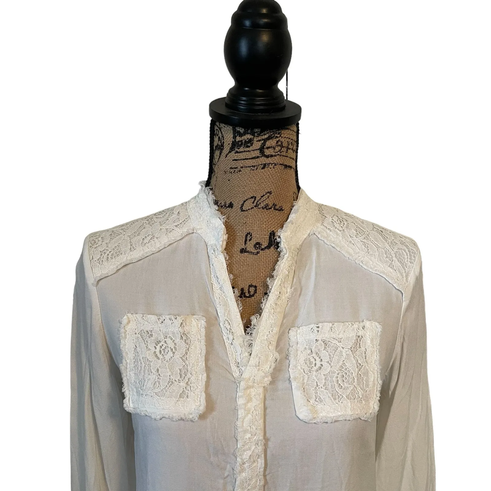 Cato Ivory Lace Ruffle Detail Long Sleeve Collared Button-Up Blouse Size S - Image 3