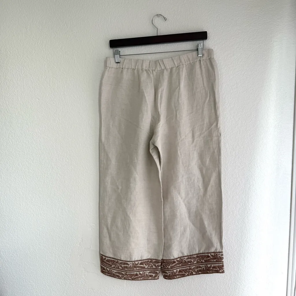 J Jill Womens Pants Flax Embroidered Hem Cropped Linen Blend Pull On Size Small Tan - Image 2