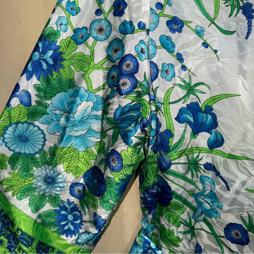 VTG Brownstone Studio NY‎ Kaftan Blue Green White Floral Mrs Roper LG Retro 70s - Image 4