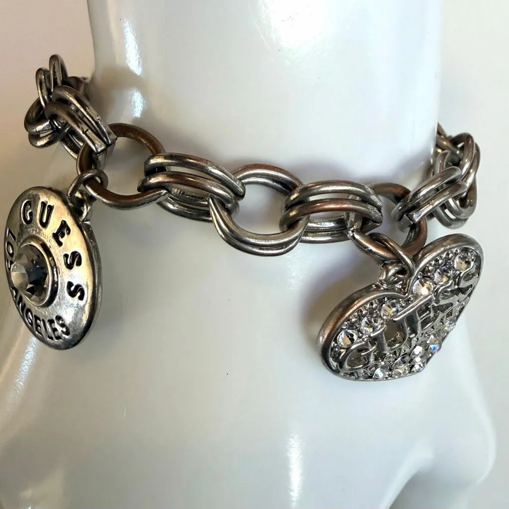 GUESS Silver Tone Heart Charm Bolo Bracelet with Rhinestones - Image 3